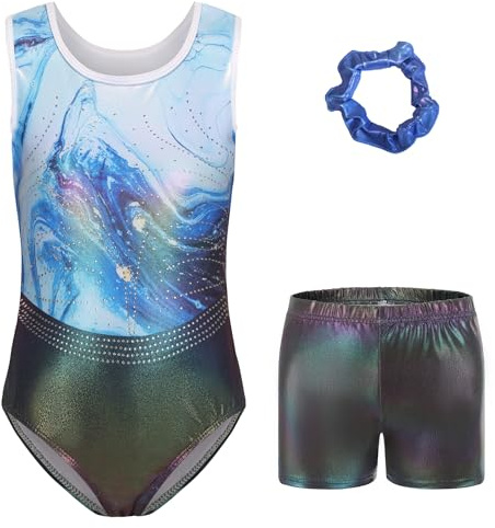AODOKAT Gymnastics Leotards for Girls with Shorts Set, Long Sleeve/Sleeveless Dance Leotard Sparkle Ballet Dancewear for Kids 5-14 Years (Blue-sleeveless, 7-8 Years)