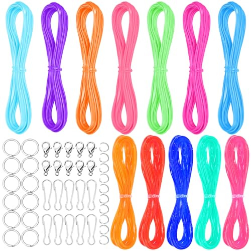 Swpeet Kit surtido de 52 cuerdas de cordón, incluye cordón de plástico, llaveros, ganchos de clip a presión, cierres de langosta y anillos abiertos, kit de cuerda para pulseras, joyería, manualidades