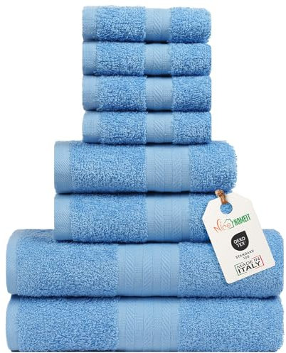 nice homeit Handtuch-Set aus 100% ringgesponnener Baumwolle, 8 Stück, Badetücher, hergestellt in Italien, Fitnessstudio, Hotel und Spa. Sehr saugfähig (Hellblau)