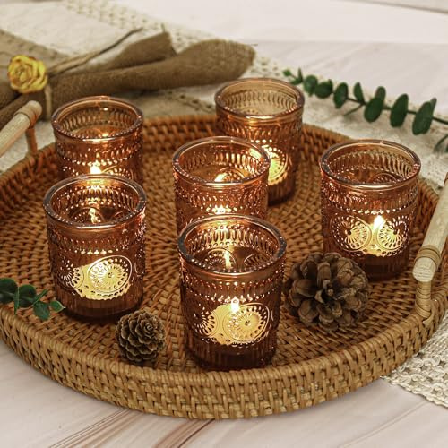 12 Pcs Amber Glass Votive Candle Holders, Tealight Candle Holders for Table Centerpieces, Vintage Candle Holder Bulk, Boho Wedding, Home, Bridal Shower, Birthday Party Table Decor (Amber)