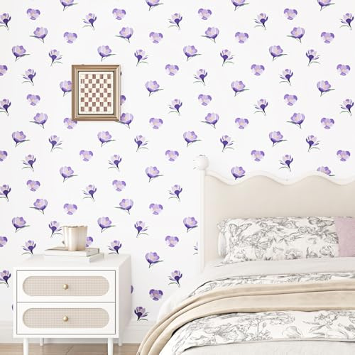 Skyblur Carta da parati autoadesiva con motivo floreale, viola, carta da parati decorativa, autoadesiva, per soggiorno, camera da letto, 260 x 44,5 cm