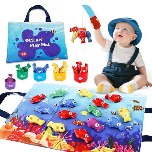 Juguetes Niños 1 Año Montessori, Pescar Juguete, Juego de Pescador, 15 Piezas Juego Pesca de Tela con Taza Apilables, Almacén Bolsa, Educativos Juguetes Bebes 6-12 Meses, Regalo Bebe 1 2 Año