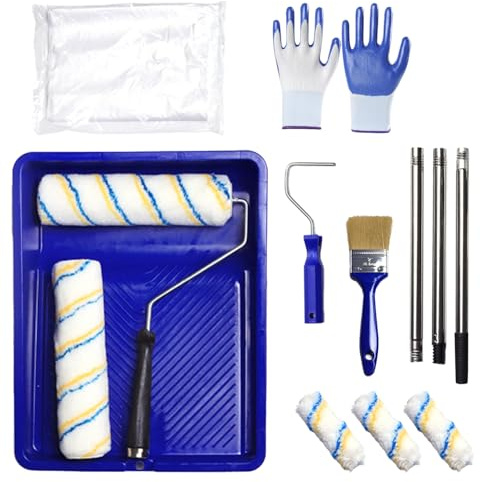 Professionale Rullo per Pittura Set, Rullo da Pittura + Asta Telescopica + Pennello da Pittura, Materiale in Plastica + Lega, Adatto per Lavori di Decorazione, Pittura di Soffitti e Pareti (Blu)