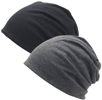 CHUANFU 2 Pièces Bonnets de Nuit Léger Unisexe Slouchy, Bonnet Chimio Femmes, Fin Skull Bonnet Homme, pour Dormir Courir Chimiothérapie et Casque (Noir et Gris Foncé)