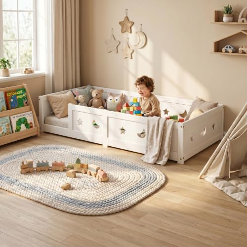 Montessori Barnsäng 90 x 200 cm, med fallskydd och ribbotten, stjärn- och månmotiv, för pojkar och flickor, av massivt furuträ vit (vit-A01, 90 x 200 cm)