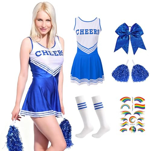 yolzhxe Cheerleader kostym, vuxen cheerleaderdräkt med poms, strumpor och hårgummi, mjuk och bekväm Cheerleader Costume lämplig för rollspel och halloween