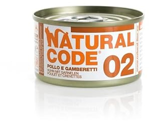 Natural Code Cibo Umido Sfilaccetti per Gatti, alimento completo per gatti adulti di tutte le taglie e razze, N 02 Pollo e Gamberetti, 12 scatolette da 85 grammi l'una, 12x85 gr.