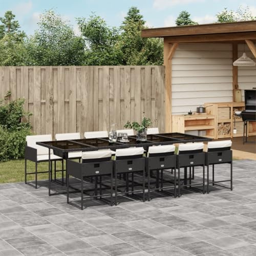 JHQHSM 11-TLG. Gruppo da giardino con cuscino in polyrattan nero, sedie pieghevoli e tavolo con piano in vetro temperato per terrazza, mobili in rattan PE durevole con rivestimenti rimovibili,
