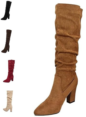 MASHANGGOU Stivali da donna eleganti al ginocchio in pelle scamosciata, con tacco a spillo e scarpe da indossare casual, marrone, 36/46 EU