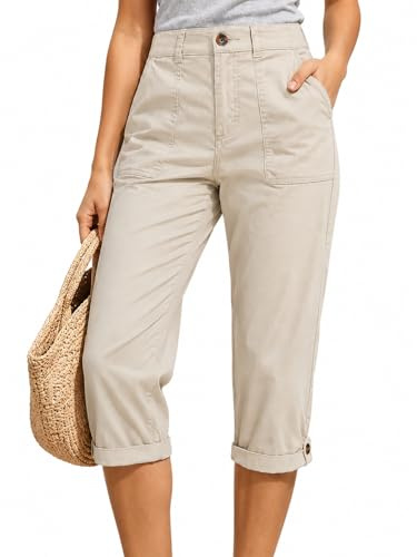 DVDVBOOM Cargo Capri Pants for Women Summer Capri Cropped Pants with Pockets High Waisted Button Straight Leg Casual Hiking Outdoors (UK, Alpha, M, Regular, Regular, Beige)