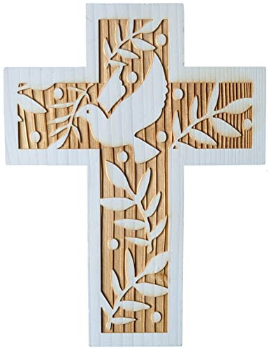 Kaltner Präsente Croix murale de 18 cm en bois d’épicéa véritable - Avec une colombe et des motifs de rameaux d’olivier - Idée de cadeau