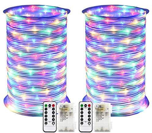 RcStarry 2 Stück Batterie LED Lichtschlauch Außen 100 LEDs 10 Meter IP68 Wasserdicht 8 Modi mit Fernbedienung und Timer DIY Dekoration für Weihnachten, Garten, Hochzeit - Bunt