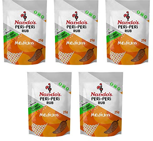 Nando's PERi-PERi Medium Dry Rub - BBQ Seasoning Instant Flavor with a Blend of Garlic, Herbs and Spices with PERi-Peri 25g Bags (5PK)