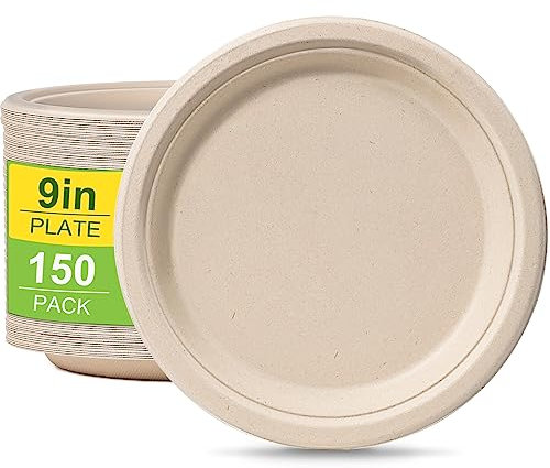 Rigid Disposable Paper Plates Brown 9 inch 150 Pack Eco-Friendly, Sugarcane Strong Heavy Duty Large Plates Compostable Dishes Tray for Party BBQ
