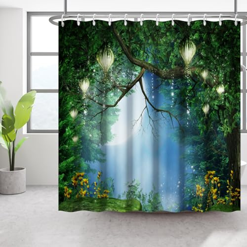 Bovlleetd Fantasy Skog Duschdraperi - Månsken Stjärnhimmel för Badrum, Tyst Natur Atmosfär, Lyktor på Magiskt Träd, 72 B x 72 L
