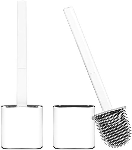 2 Piezas Escobillas de Baño, Escobilla Baño Silicona con Secado Rápido Soporte Ventilado, Escobilla y Portaescobillas de Baño Silicona de Montaje en Suelo o Montaje en Pared