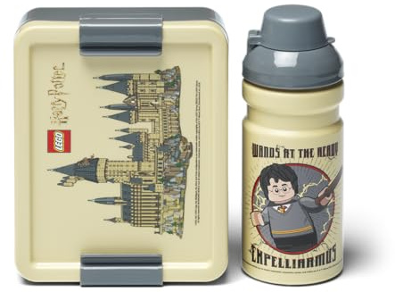 Room Copenhagen Lego Lunch Set - Harry Potter Hogwarts Design, 390ml Bottle & Lunch Box for Kids & Adults, Dishwasher Safe, Perfect for Meals on The Go, Beige & Grey