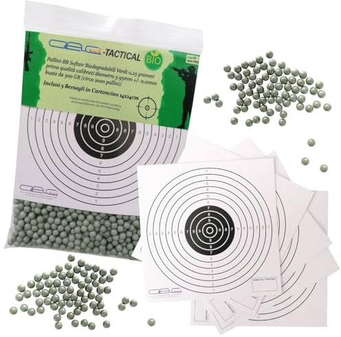 Glac Store® Pallini BB in Busta Biodegradabili Bio 500gr da 6mm per Softair Verdi Bianchi 0,20 0,23 0,25 Grammi con 5 Bersagli in Cartoncino 14x14 (0,25 gr Verdi 2000 Pezzi)