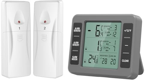 Ankilo Thermomètre de réfrigérateur numérique avec 2 capteurs, thermomètre de congélateur sans fil avec écran LCD, alarme de température, MIN/MAX, testeur de température pour la maison Gris