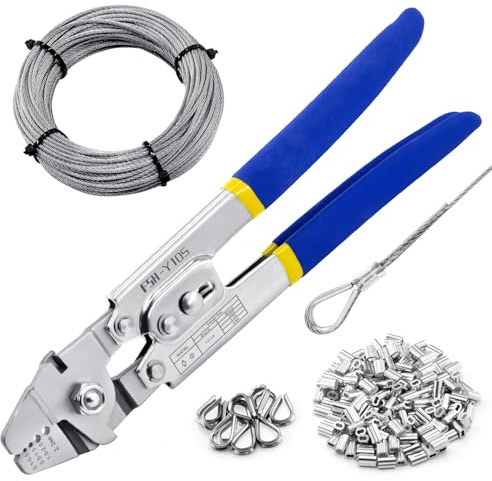 XOOL Wire Rope Crimping Tool with Built-in Cutter, Hand Swaging Tool with 66FT/20M 1/16'' Wire, 200PCS Aluminum Double Barrel Ferrule Crimping Loop Sleeve and 12PCS Stainless Steel Thimble