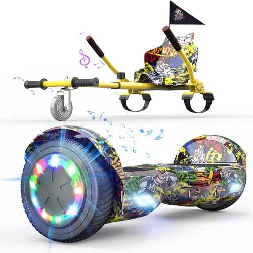 6,5 Hoverboards avec Hoverkart, Skateboard avec Siège pour Enfants Adultes, Hoverboards avec Siège, Batterie 4Ah, Hoverboards avec Musique Bluetooth et Lumières LED,Max 15 km/h