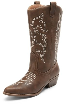 DREAM PAIRS Women's Cowboy Cowgirl Western Mid Calf Boots | 3.5cm elevated heel, round toe, soft lining, 25 cm high shaft delivers stability and support, pull-on tabs