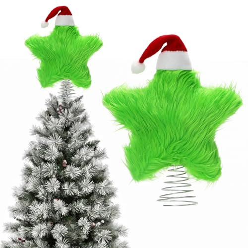 Étoile en peluche pour cime de sapin de Noël - 19 cm - Avec mini bonnet de Noël - Vert