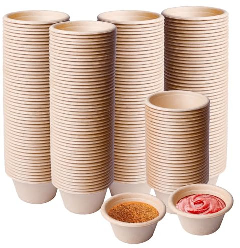 BORDEAG 200 vasos compostables, vasos desechables para souffle, cuencos para salsas, mini cuencos para salsas, cuencos pequeños para salsas (2 oz), vasos de papel biodegradables, para chupito de
