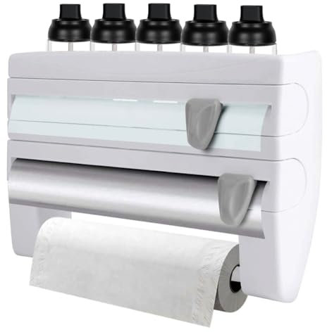 Skärmaskin för plastfolie, 3-i-1 köksrullehållare vägg | magnetisk aluminiumfoliedispenser och plastfoliedispenser med vass kniv | uppgraderad foliedispenser för plastfolie