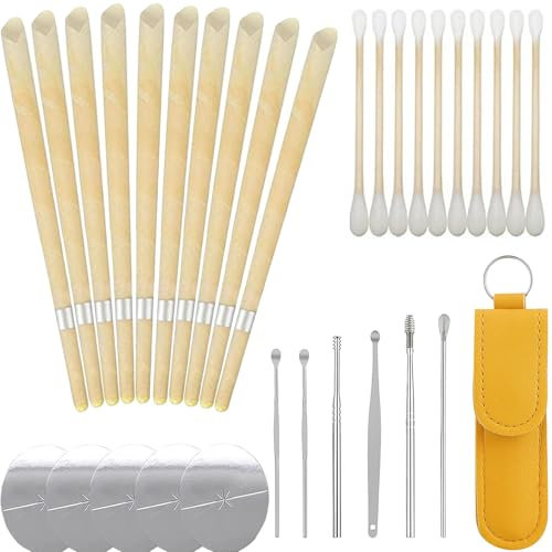 31PCS Ear Candles Kit,Ear Candles for Wax Removal,Natural Beeswax Ear Candles,Beeswax Hopi Ear Candles for Blocked Ears with 5 Protective Disks+10 Cotton Swab,Ear Digging 6 Piece Set