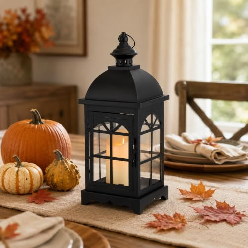 TRIROCKS Decorative Vintage Candle Lanterns 14.5 H Farmhouse Outdoor Hanging Lanterns with Tempered Glass for Porch, Balcony, Patio, Home, Centerpieces, Indoor, Outdoor(Black)