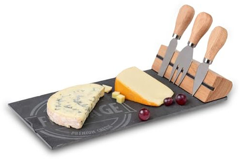 MiCasa SuCasa Planche à fromage en bois et ardoise + couteau à fromage - Élégante planche à découper et planche de service pour fromage, antipasti et tapas - Planche de charcuterie avec support