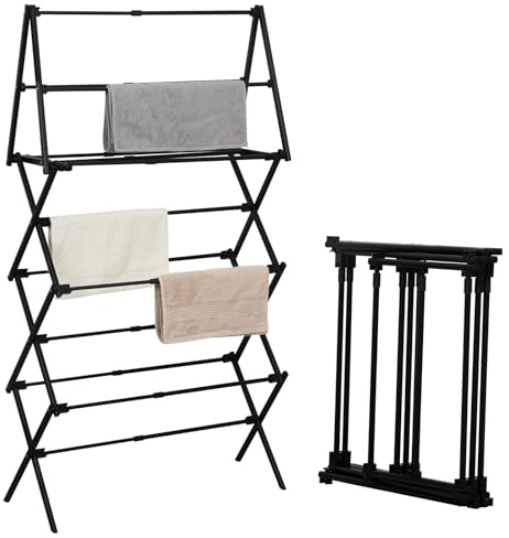 ZOES HOMEWARE 4 Tier Clothes Drying Rack Foldable | Foldable Clothing Drying Rack | Laundry Drying Rack Collapsible for Laundry Room, Dorm, Expandable Sturdy Metal Design | Black 29L x 11.5W x 53H