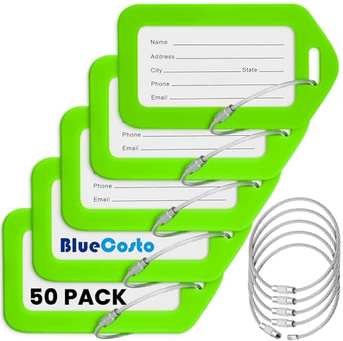 BlueCosto - Luggage Tags - Green, 50 Pack - Suitcase Tags with Name ID Card & Heavy-Duty Metal Wire Loops - Bright Colored PVC Identifiers for Travel Baggage - Backpack Name Labels