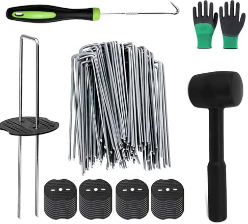 50 Piquetas+50 Arandelas+1recoger Gancho,Clavos Jardín,Grapas Césped Artificial,Clavijas de Jardín en Forma de U,Grapas Malla Antihierbas,Estacas de Jardín Antirust,Anclajes de Tierra,Grapas de Jardín