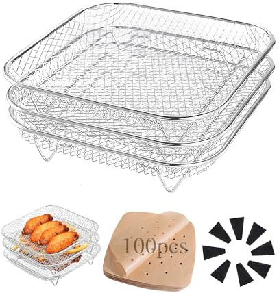 8.3inch Square Air Fryer Rack, 3pcs Stackable Dehydrator Racks with 100pcs Air Fryer Parchment Paper Disposable Liner 8inch and Heighten Feet Pad for for Cosori,Ninja Foodi Grill