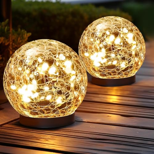 2 luci solari da giardino a forma di sfera, in vetro incrinato, decorazione per esterni, impermeabile, luce calda, per paesaggio, vialetto, cortile, prato, vialetto, giardino, decorazione (luce gialla
