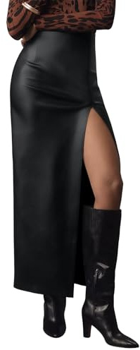 LILLUSORY Womens Faux Leather Maxi Skirts 2026 Fall Fashion Bodycon High Waisted Slit Winter Work Office Long Pencil Skirt Black S