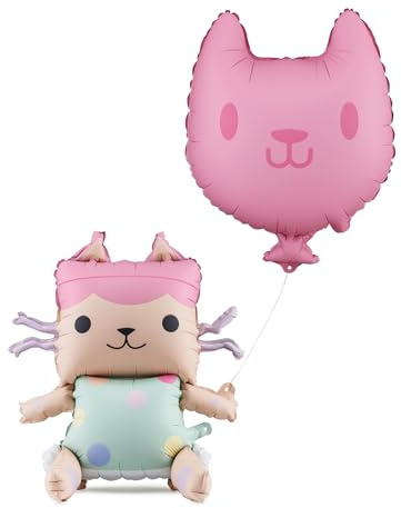 PartyDeco Globo de papel de aluminio con caja de bebé y gato, 2 globos con cuerda, apto para helio y aire, Gabby's Dollhouse – Decoración de cumpleaños infantil – Fiesta de niñas – Reutilizable