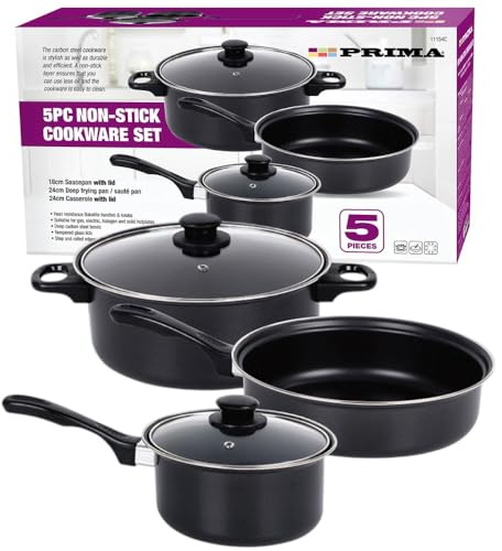 Prima 5 Piece Non-Stick Cookware Set with Lids – Carbon Steel Pots & Pans Set for Cooking, Saucepan, Deep Frying Pan, Casserole Dish – Heat Resistant Handles, Easy Clean, Gas & Electric Hob Safe