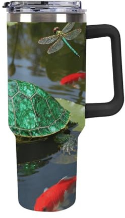 FekiLoot 40oz Tumbler with Handle And Straw - Emerald Turtle Pond Vacuum Insulated Stainless Steel Travel Mug, Leakproof Water Bottle Coffee Cup for Hot & Cold Drinks, Fits Car Cup Holder