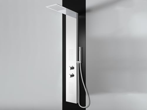 LANERI Pannello Doccia Slim Idromassaggio in Acciaio,3 Vie con Getti Massaggianti, Soffione Slim e Doccetta, Design Moderno (Cromo Lucido)