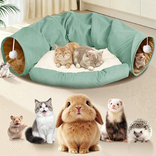Tunel para Gatos, Juguete 2 en 1 Tunel Gatos con Túneles, Lavable, con Escondite Extraíble, Juguete Interactivo para Conejos, Chinchillas, Erizos, Cobayas y Gatos, Color Verde