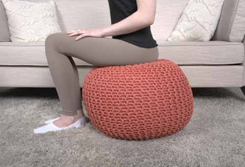 Knitted Cotton Round Pouf, Coral