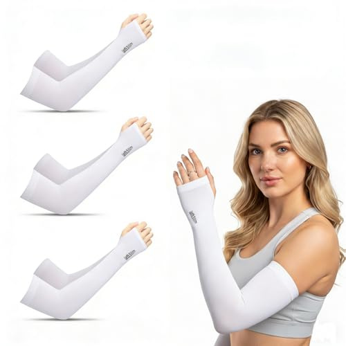 3 pares de Manguitos running, Unisex Manguitos Voleibol, Mangas para Brazos, protección UV, Ciclismo de Compresión Mangas de Protección UV Elástica Transpirable para Actividades al Aire Libre, blancos