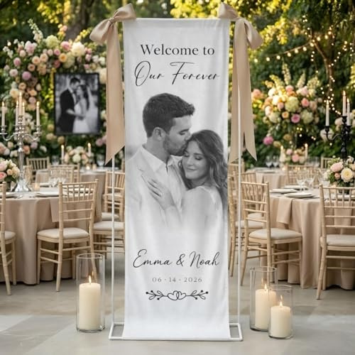 Letrero de bienvenida de boda personalizado con foto, pancarta de tela de seda personalizada con nombres y fecha para decoración de entrada de ceremonia, letrero de bienvenida personalizado para baby