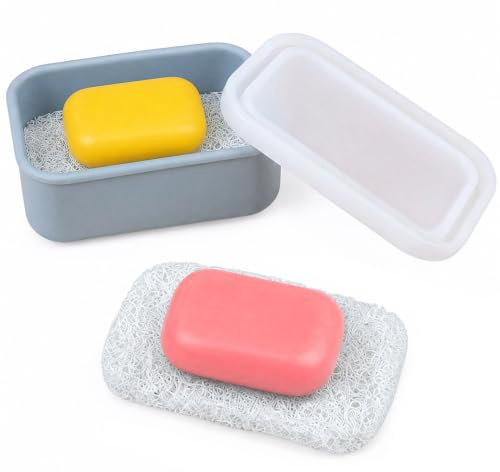 2 Piezas Jabonera Silicona, Jabonera Viaje Antifugas con Bandeja Escurridora, Dispensador Jabón Viaje, Contenedor Jabón Portátil con 1 Soporte Jabón Ducha para Baño, Gimnasio