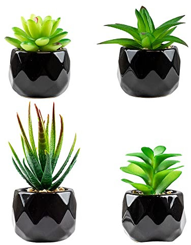 Artificial Plants Indoors In Pots, Fake Plants Outdoor, Mini black Ceramic Potted, Green Succulents Decor for Bedroom Aesthetic, Faux Desk Plant for Bathroom ,Living Room, Office Decoration (4)