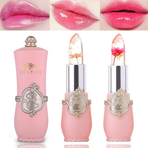 BKPPLZP 2 Pack Crystal Flower Jelly Lipstick,Magic Color Changing Lipstick,PH Clear Temperature Color Changing Lipgloss,Lip Balm,Long Lasting Nourishing Moisturizing Lip Stick Set(Set A)