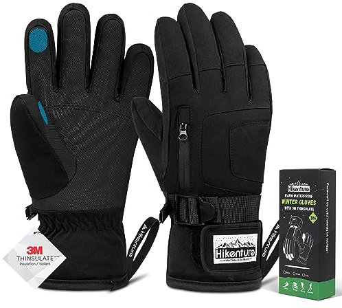 HIKENTURE Winterhandschuhe Herren Damen, 3M Thinsulate Skihandschuhe, Wasserdichte Handschuhe Winter Warm, Winddichte Touchscreen Snowboardhandschuhe für Skifahren, Radfahren, Motorrad, Laufen Black-M